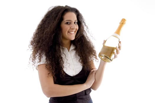 young woman holding wine bottle with white background