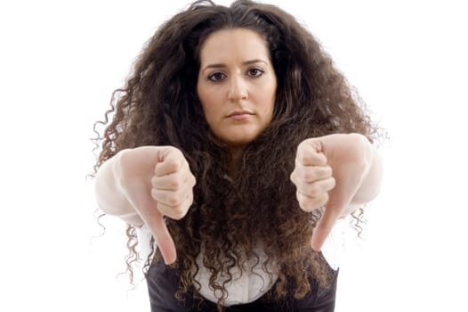 beautiful woman showing thumbs down with white background