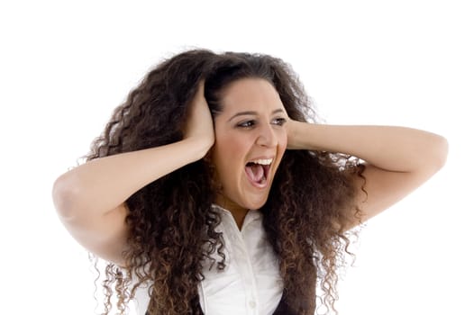 surprised caucasian female against white background