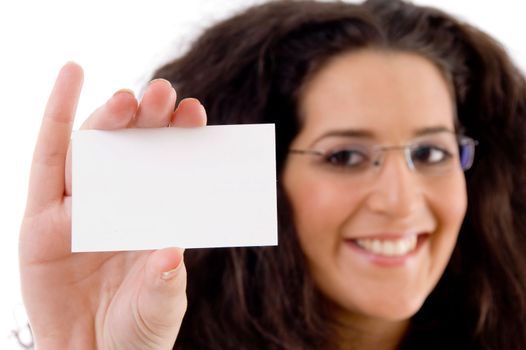 businesswoman showing business card on an isolated white background