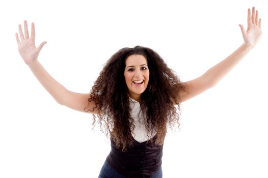 smiling woman doing dance with white background