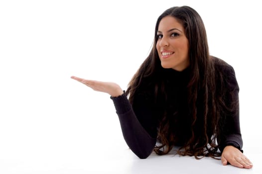 young model showing her palm against white background