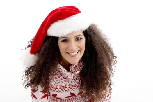 high angle view of young female with christmas hat on an isolated white background