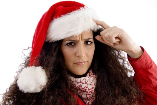 thinking young woman with christmas hat with white background