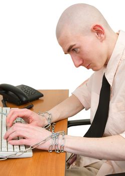 Man riveted chain to keyboard on the white background