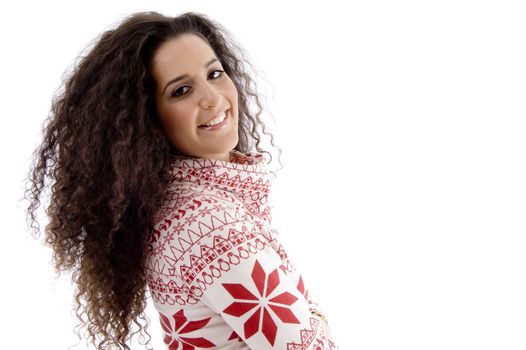 side view of smiling young woman on an isolated white background