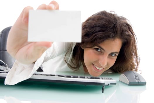 female showing her business card on an isolated white background