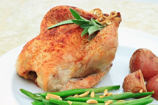 Roasted Cornish Hen with red potatoes and green beans sauteed with sliced almonds.