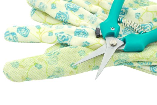 Garden shears and gloves isolated on white. Clipping path included.