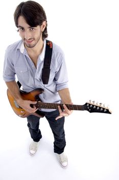 young male with guitar with white background