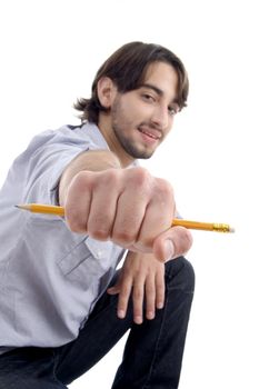 handsome cool man showing pencil with white background