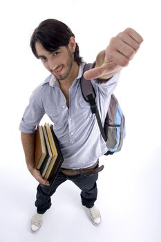 aerial view of student showing thumb on an isolated background