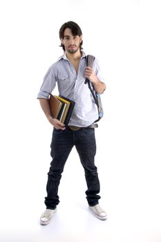 student standing with books and bag on an isolated white background