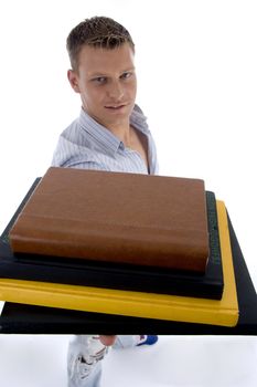 adult student showing books with white background