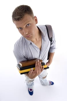 aerial view of male holding books on an isolated background