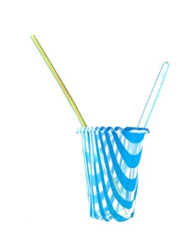 Light blue plastic ice cream cup with straw and spoon