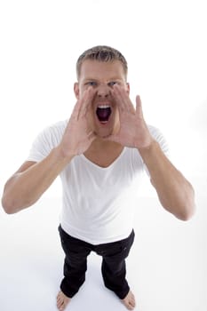 standing young shouting man on an isolated white background