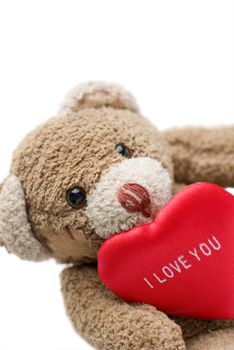 Teddy bear holding red heart - selective focus on the eye and on 'I love you" inscription.