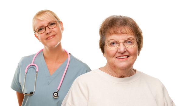Smiling Senior Woman with Female Doctor Behind Isolated on a White Background.
