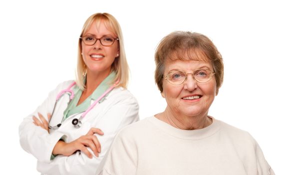 Smiling Senior Woman with Female Doctor Behind Isolated on a White Background.