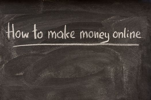 How to make money online as title of lecture or seminar, handwritten with white chalk on blackboard