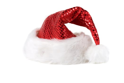 Pretty santa hat with glittering red top on white background