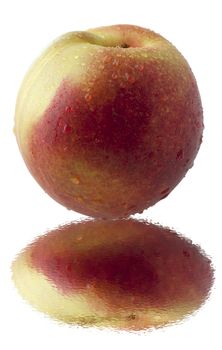Red and yellow peach reflected in the water, over white