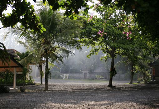  The image of the Asian village with a smoke not a background. Bali. Indonesia