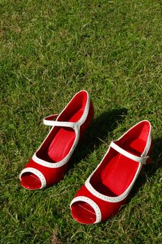 a pair of red high heels on a grass lawn
