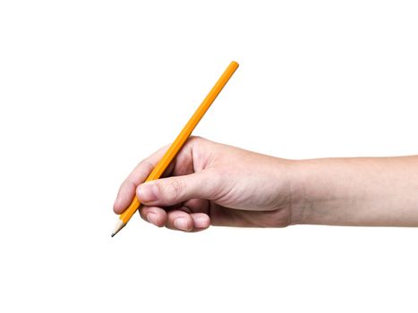 Hand holding a pencil isolated on white background