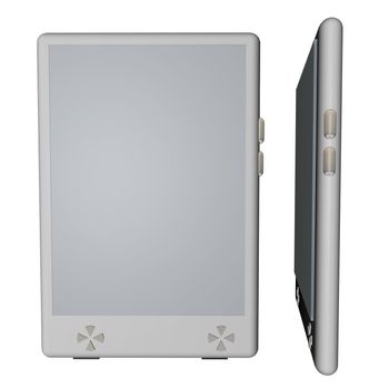 3D render of a fantasy model of eBook reader, front and side