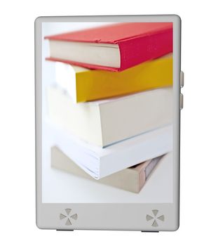 3D render of a fantasy model of eBook reader, with books on screen