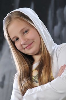 portrait of long-haired girl in a white hood