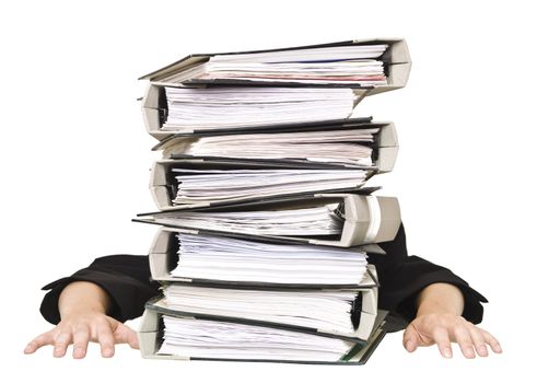 Human behind a stack of Folders isolated on white background