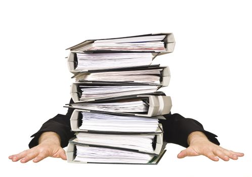 Human behind a stack of Ring Binders isolated on white background