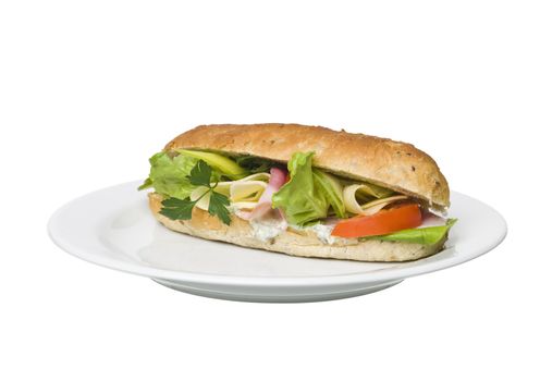 Footlong Sandwich on a plate isolated on white background