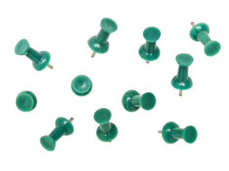 Green pushpins isolated on white background