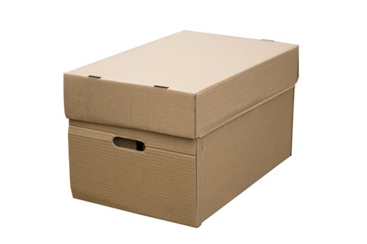 front view of closed cardboard box on white background