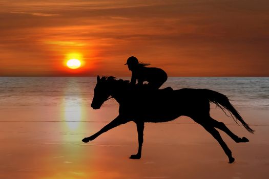 silhouette of a horse and rider galloping on ballybunion beach at sunset in kerry ireland