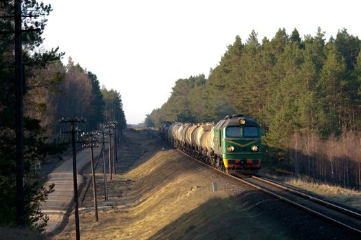 Freight train hauled by the diesel locomotive passing the forest

