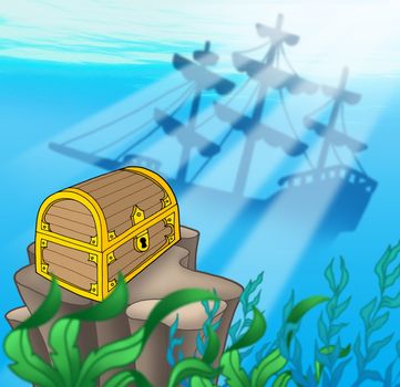 Treasure chest with shipwreck - color illustration.