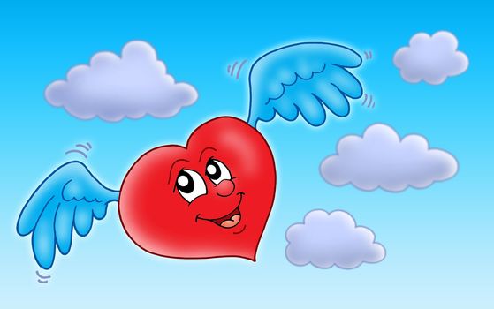 Flying heart on blue sky - color illustration.