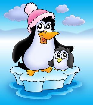 Two penguins on iceberg - color illustration.