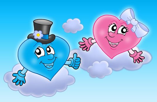 Two wedding hearts on sky - color illustration.