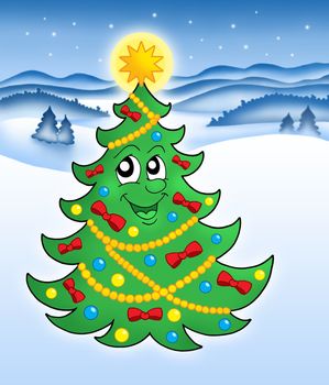 Cute Christmas tree in snowy landscape - color illustration.