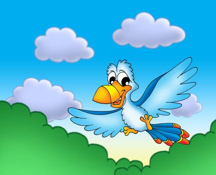 Flying blue parrot - color illustration.