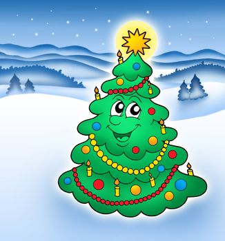 Smiling Christmas tree in snowy landscape - color illustration.