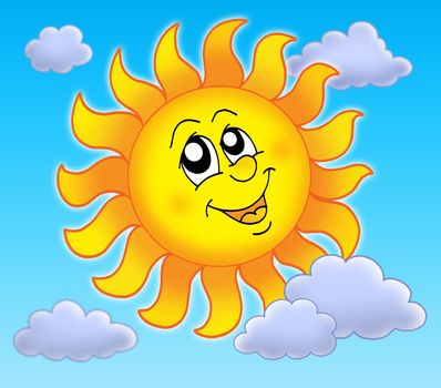 Smiling Sun on blue sky - color illustration.