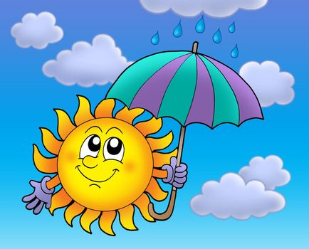 Sun with umbrella on cloudy sky - color illustration.