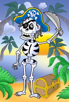 Pirate skeleton with sabre and treasure - color illustration.